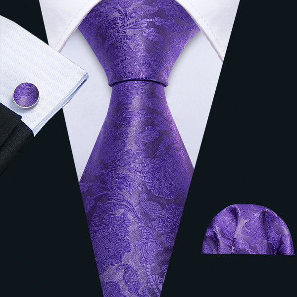 Purple Floral Men's Silk 63 Inches Extra Long Tie Handkerchief Cufflinks Set