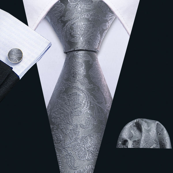 Gray Silver Floral Men's Silk 63 Inches Extra Long Tie Handkerchief Cufflinks Set