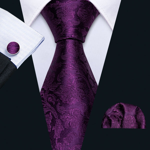 Dark Purple Floral Men's Silk 63 Inches Extra Long Tie Handkerchief Cufflinks Set