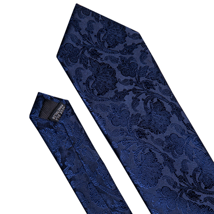 Navy Blue Floral Men's Silk 63 Inches Extra Long tie and Handkerchief Cufflinks Set