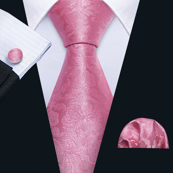 Pink Floral Silk 63 Inches Extra Long Tie Pocket Square Cufflinks Set