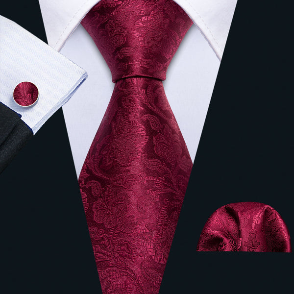 Burgundy Red Floral Silk 63 Inches Extra Long Tie Pocket Square Cufflinks Set
