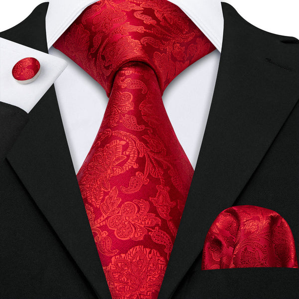 Red Floral Men's Tie Handkerchief Cufflinks Set