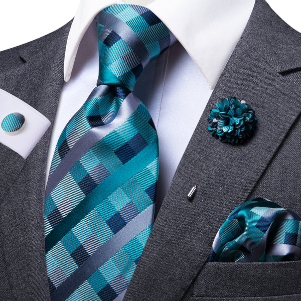 Turquoise Green Plaid Men's Necktie Pocket Square Cufflinks Set with Lapel Pin