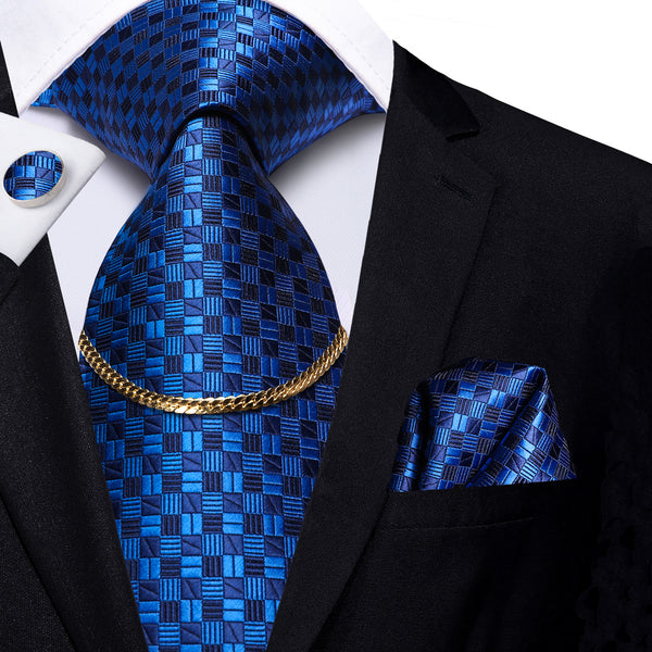 Shinning Mediumblue Plaid Silk Fabric Men's Tie Hanky Cufflinks Set with Tie Chain
