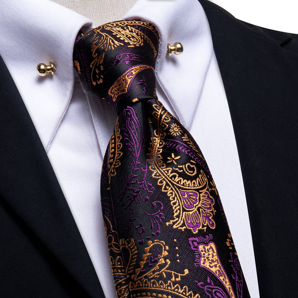 Black Brown Purple Paisley Men's Tie Hanky Cufflinks Set with Collar Pin