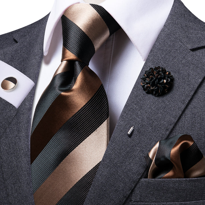 Black Champagne Striped Men's Tie Set with Lapel Pin