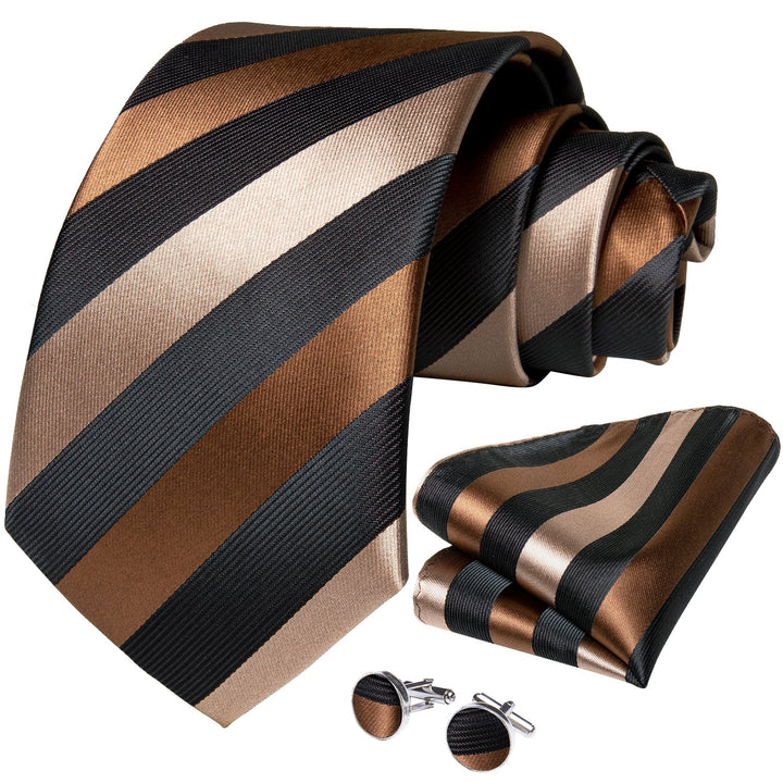 Black Champagne Striped Men's knit tie Set with Lapel Pin