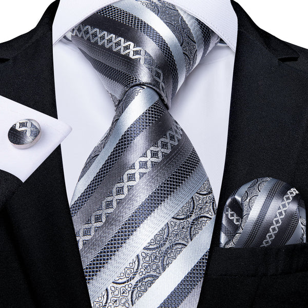 Silver Grey Novelty Striped Silk Men's Tie Pocket Square Cufflinks Set