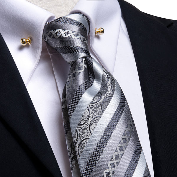 Silver Grey Striped Silk Fabric Men's Tie Hanky Cufflinks Set with Collar Pin