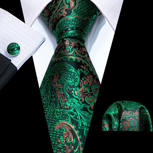 Bright Green Floral Men's Tie Pocket Square Cufflinks Set