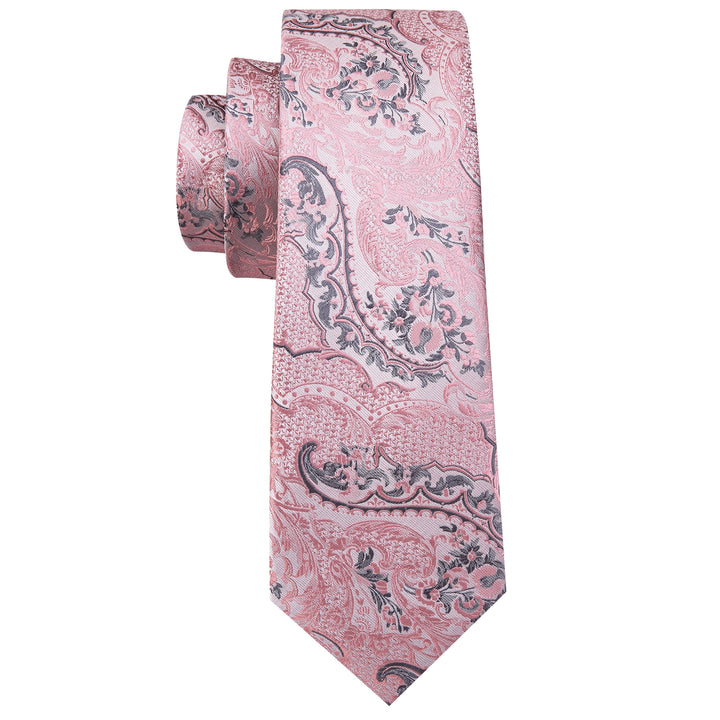 pink grey floral silk ties hanky cufflinks set for mens suit or shirt
