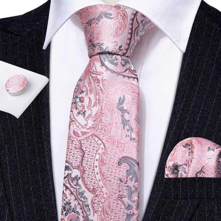 pink grey floral silk ties hanky cufflinks set for mens suit or shirt