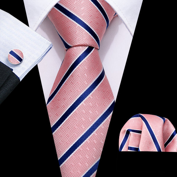 Pink Blue Striped Men's Tie Pocket Square Cufflinks Set
