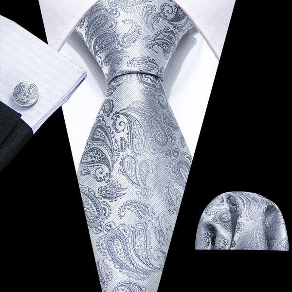 Silver Grey Paisley Mens Tie Pocket Square Cufflinks Set