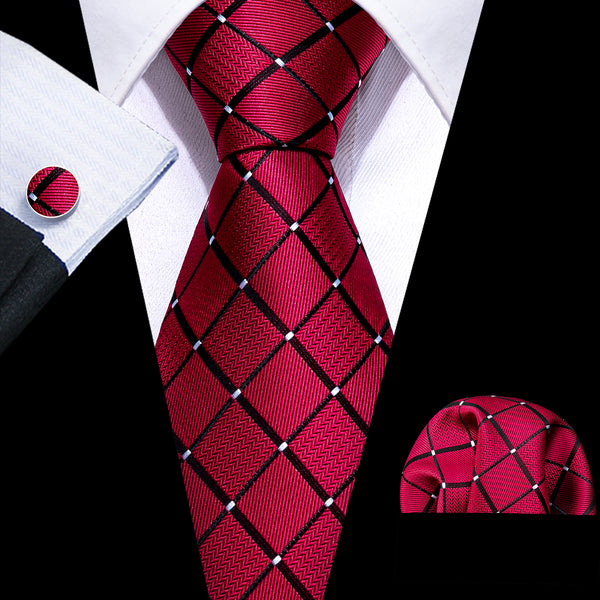 Red Black Plaid Men's Tie Pocket Square Cufflinks Set