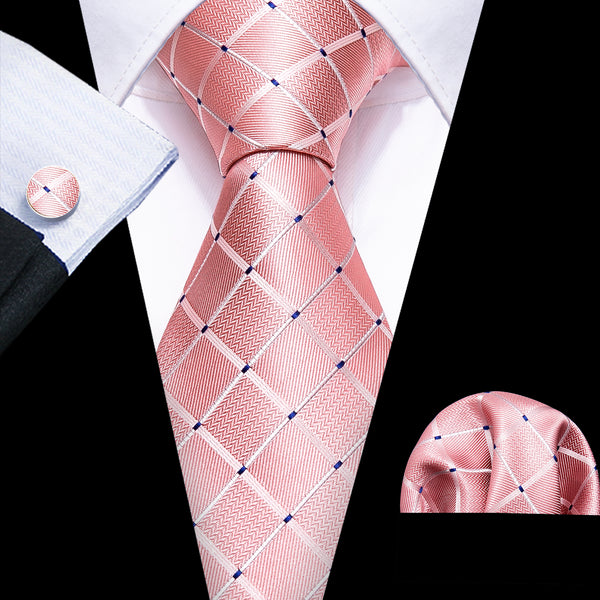 Baby Pink Plaid Mens Tie Pocket Square Cufflinks Set