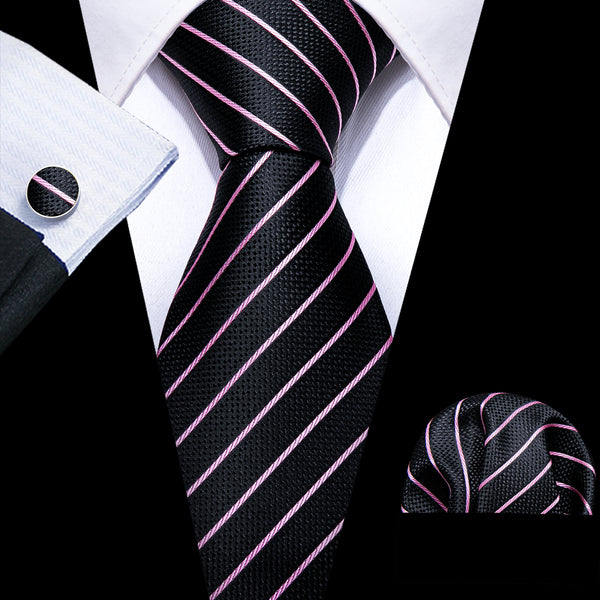Black Pink Striped Mens Tie Pocket Square Cufflinks Set