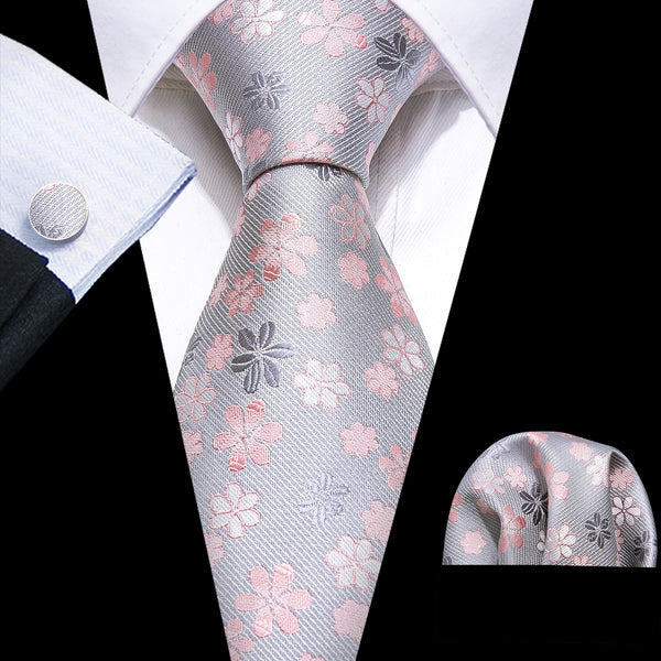 Grey Pink Floral Mens Tie Pocket Square Cufflinks Set