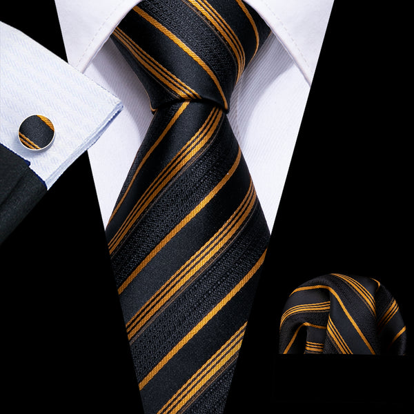 Black Golden Striped Men's Tie Pocket Square Cufflinks Set
