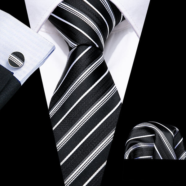 Black White Striped Mens Tie Pocket Square Cufflinks Set