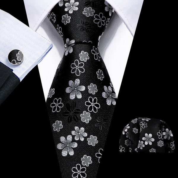 Black White Floral Men's Tie Pocket Square Cufflinks Set