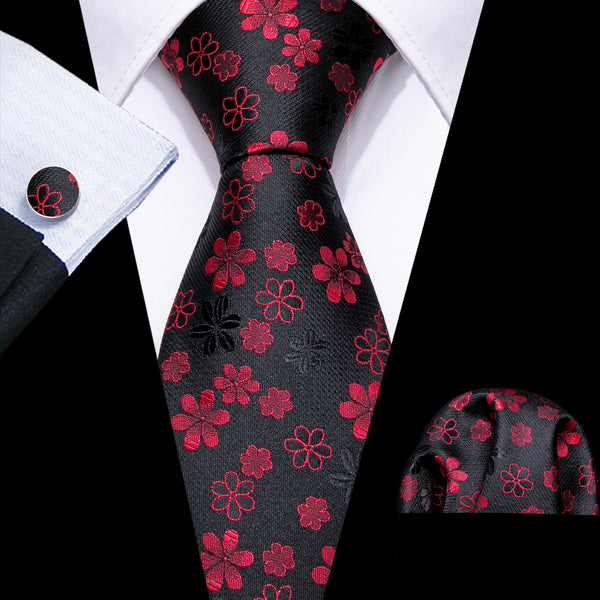 Black Red Floral Mens Tie Pocket Square Cufflinks Set