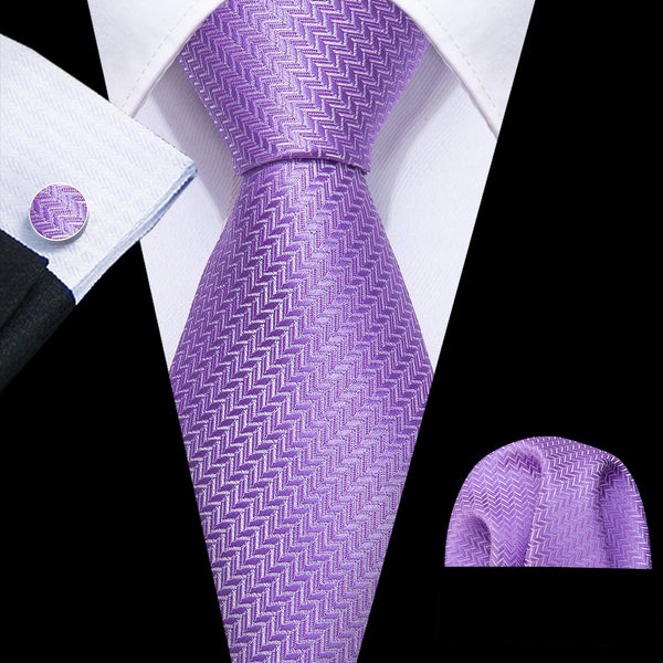 Lilac Purple Striped Men's Tie Pocket Square Cufflinks Set
