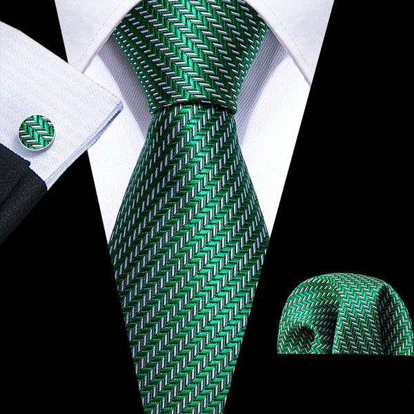 Green Striped Men's Tie Pocket Square Cufflinks Set
