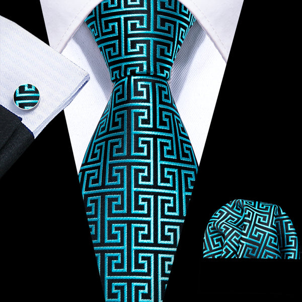 Black Blue Novelty Men's Tie Pocket Square Cufflinks Set