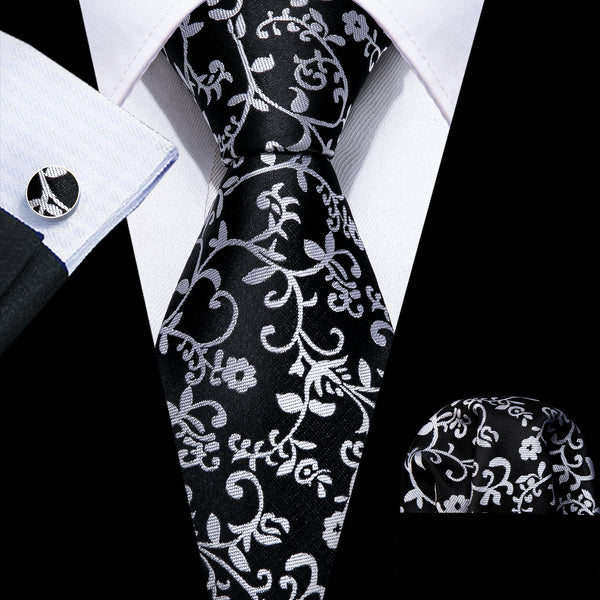 Black White Floral Men's Tie Pocket Square Cufflinks Set