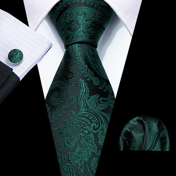 Black Deep Green Floral Mens Tie Pocket Square Cufflinks Set