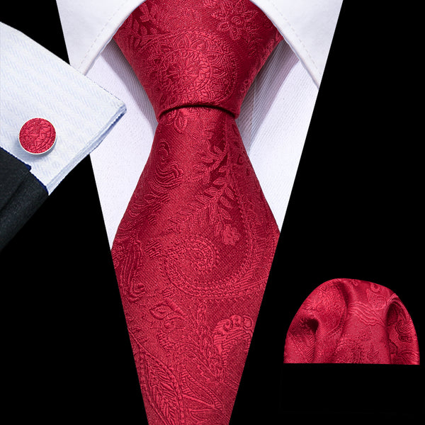 Classic Red Floral Mens Tie Pocket Square Cufflinks Set