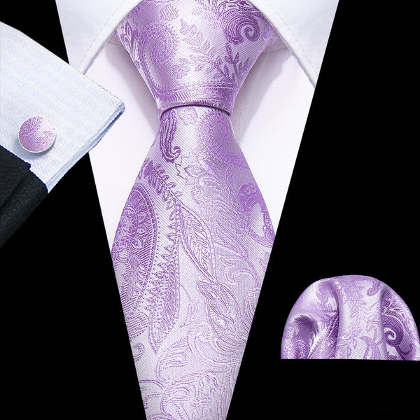 Light Purple Floral Mens Tie Pocket Square Cufflinks Set