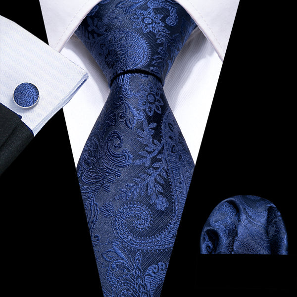 Navy Blue Floral Mens Tie Pocket Square Cufflinks Set