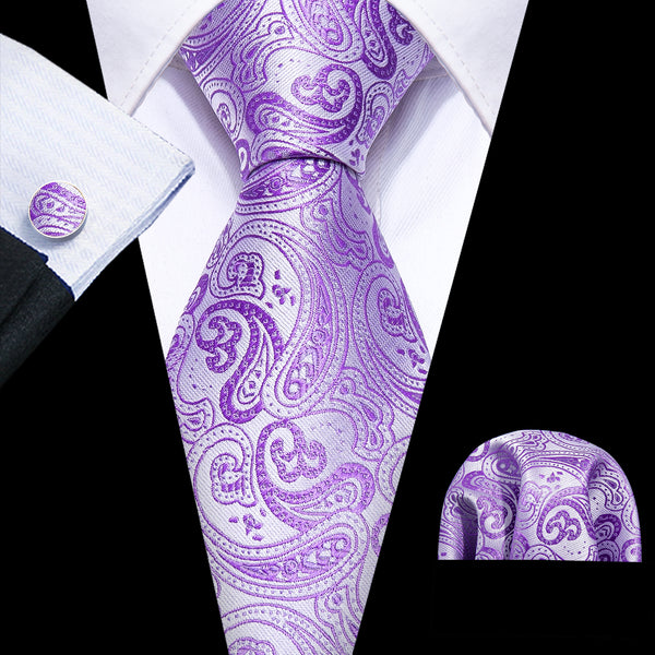 Purple Paisley Mens Tie Pocket Square Cufflinks Set