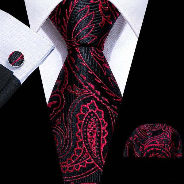 Black Red Paisley Men's Tie Pocket Square Cufflinks Set