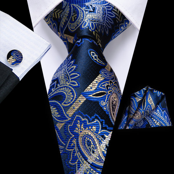 Deep Blue Paisley Silk Men's Tie Pocket Square Cufflinks Set
