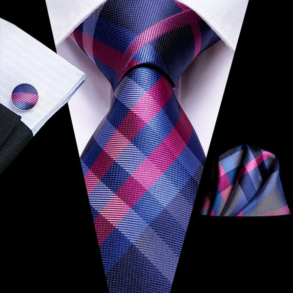 Classic Deep Blue Pink Plaid Tie Pocket Square Cufflinks Set
