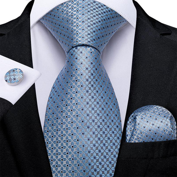 Sky Blue Floral Silk Fabric Tie Hanky Cufflinks Set 8cm