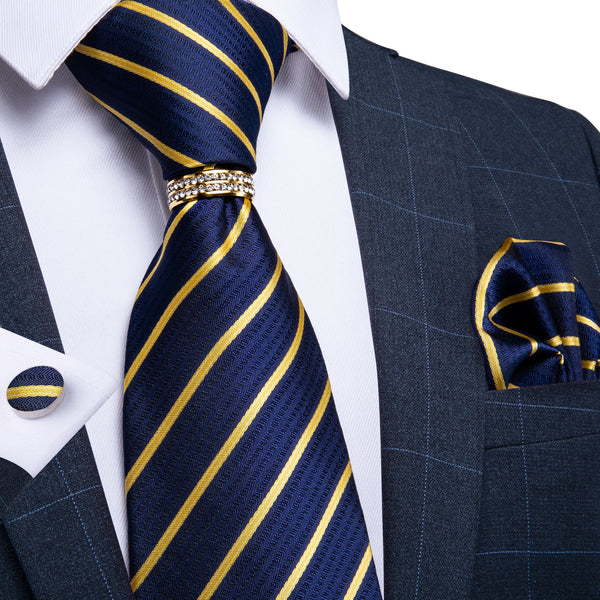 Classic Blue Golden Striped Silk Fabric Tie Ring Pocket Square Cufflinks Set
