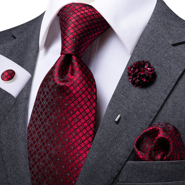 Burgundy Red Plaid Men's Necktie Pocket Square Cufflinks Set with Lapel Pin