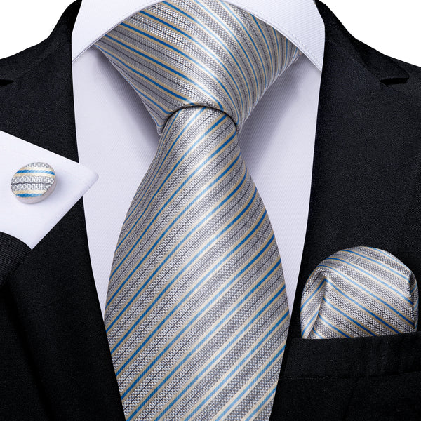 Blue White Striped Silk Fabric Men's Tie Hanky Cufflinks Set