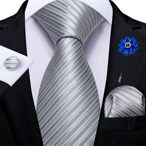 Blue White Striped Silk Fabric Men's Tie Hanky Cufflinks Set with Lapel Pin