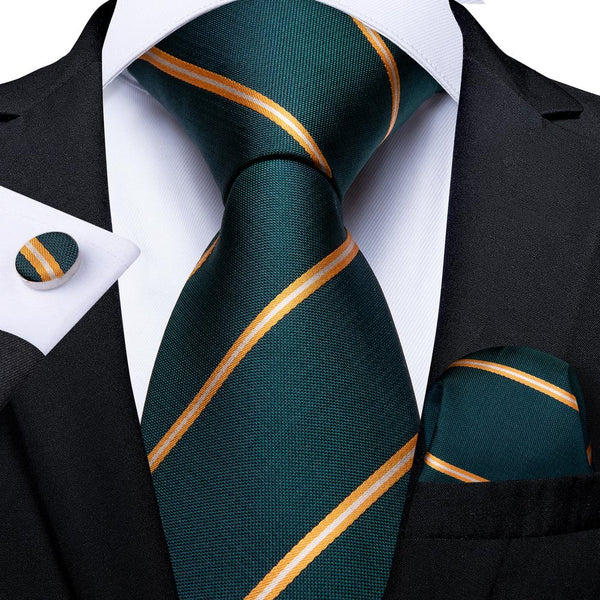 Green Striped Men's Tie Hanky Cufflinks Set 8cm
