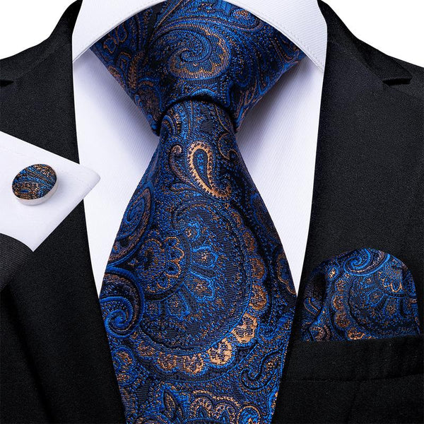 Blue Shining Paisley Men's Necktie Pocket Square Cufflinks Set