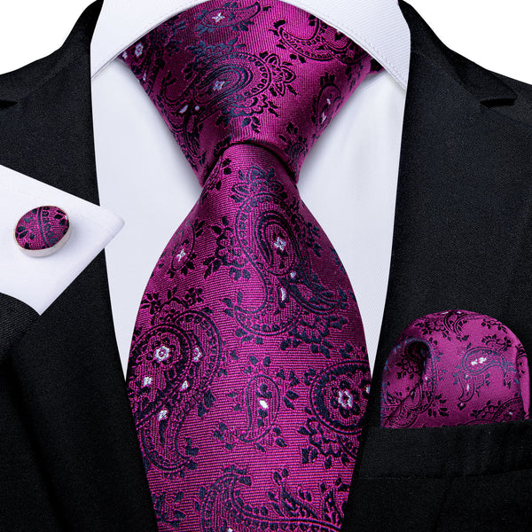 Black Purple Paisley Silk Men's Tie Pocket Square Cufflinks Set 8cm
