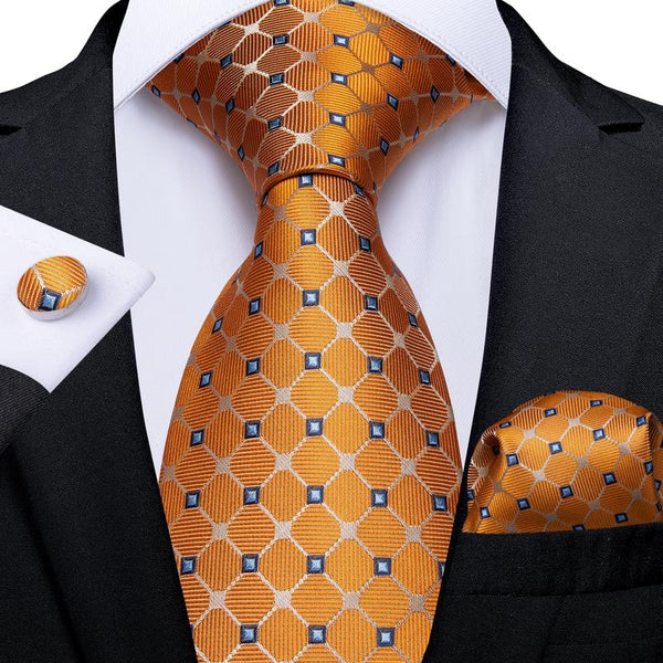 Orange Plaid Tie Pocket Square Cufflinks Set 8cm