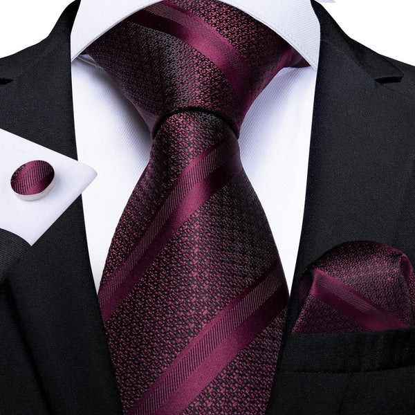 Burgundy Tie Striped Silk Tie Pocket Square Cufflinks Set for Men