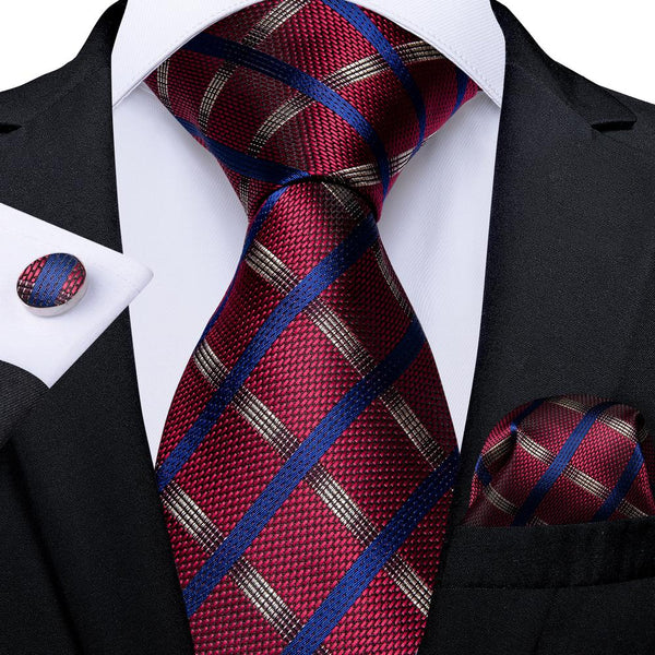 Red Blue Plaid Men's Necktie Pocket Square Cufflinks Set